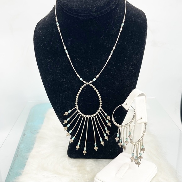 Old Pawn Sterling Silver Necklace/Earring Set Turquoise Heishi Beaded Dangles - Picture 9 of 10